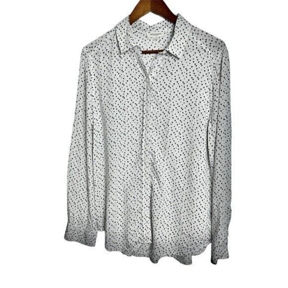 beachlunchlounge White Hearts  Rayon Blouse black hearts Small Long Tail Hem